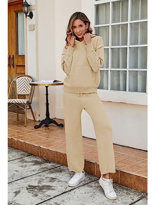 Viottiset Women's 2 Piece Outfits Sweater Set Long Sleeve Hoodies With Pocket Wide Leg Pants Lounge Sets Sweatsuit