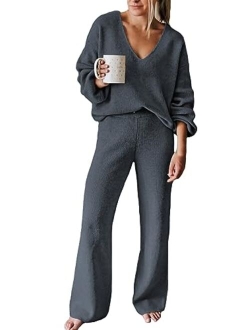 Linsery Women 2 Piece Outfits V Neck Sweater Wide Leg Sweatsuit Rib Knit Lounge Sets Leisure Wear