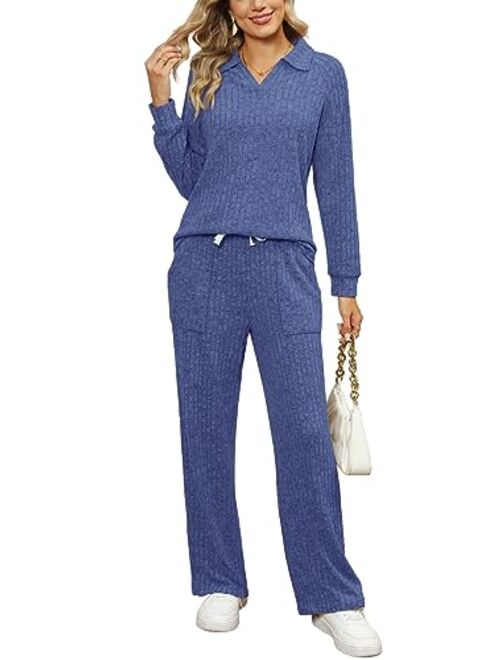 WIHOLL 2 Piece Outfits for Women Loungewear Wide Leg Pants Sweatsuits Collar V Neck Pajama Sets