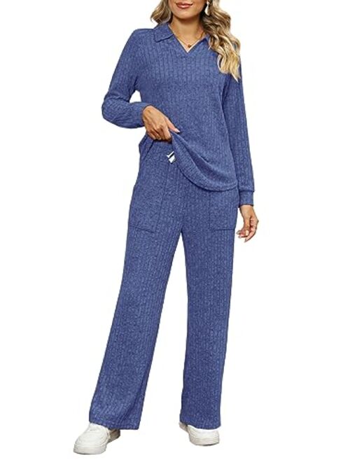 WIHOLL 2 Piece Outfits for Women Loungewear Wide Leg Pants Sweatsuits Collar V Neck Pajama Sets