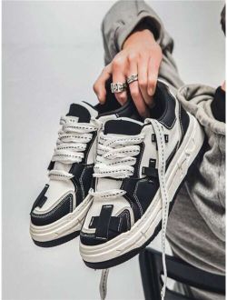 SEGORU Shoes Men Two Tone Lace-up Front Sneakers, Fashion Black And White Skate Shoes