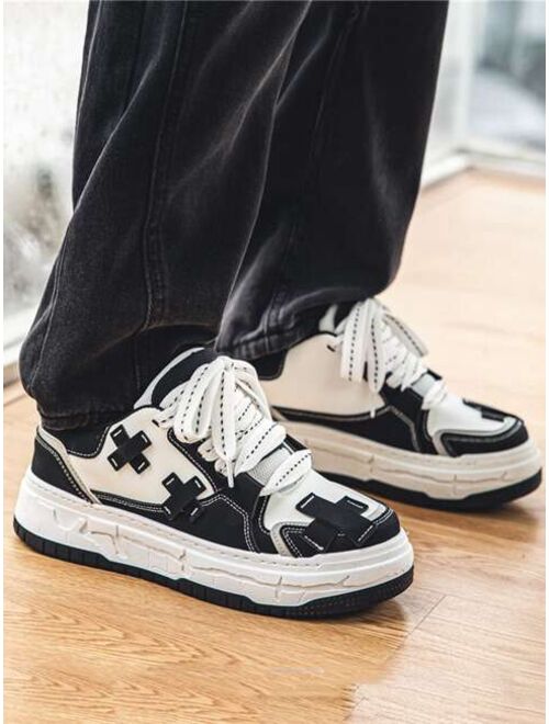 SEGORU Shoes Men Two Tone Lace-up Front Sneakers, Fashion Black And White Skate Shoes