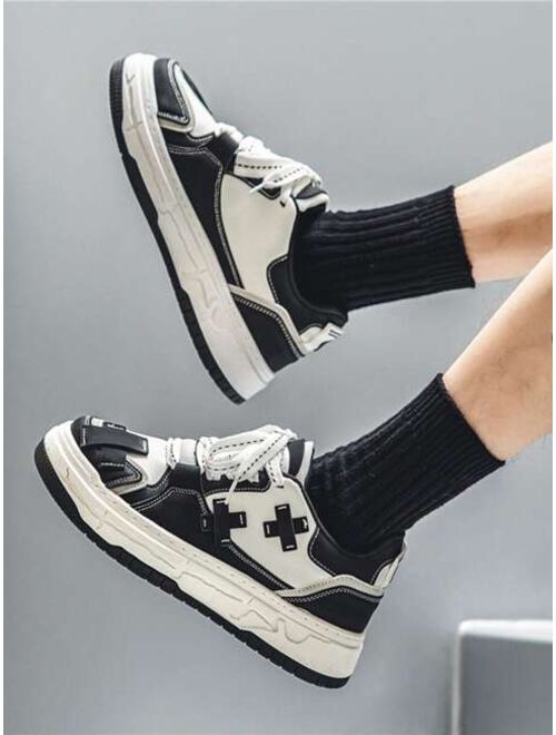 SEGORU Shoes Men Two Tone Lace-up Front Sneakers, Fashion Black And White Skate Shoes