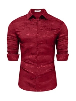 TURETRENDY Men's Floral Jacquard Dress Shirt Long Sleeve Button Down Shirts with Pocket Luxury for Wedding Party Prom
