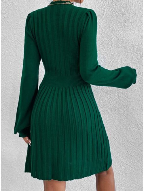SHEIN Priv Mock Neck Lantern Sleeve Cable Knit Sweater Dress