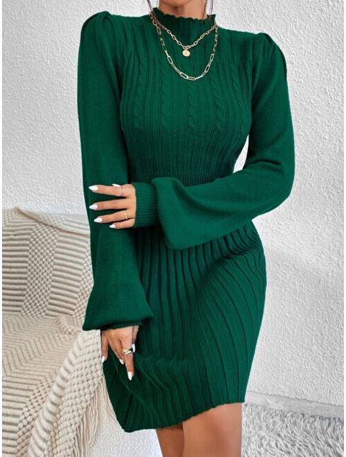 SHEIN Priv Mock Neck Lantern Sleeve Cable Knit Sweater Dress