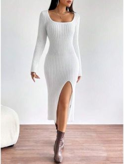 Essnce Square Neck Split Thigh Sweater Dress Without Belt