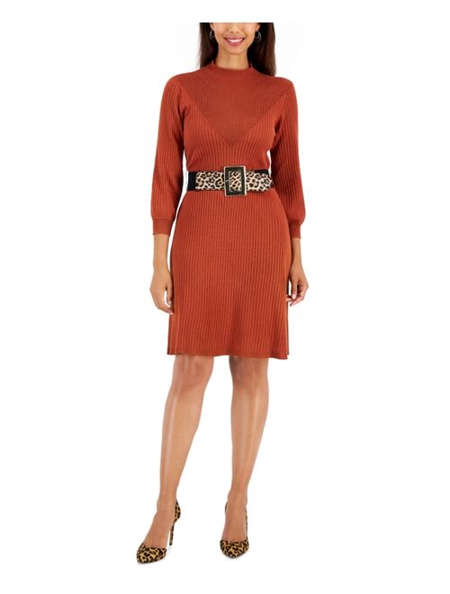 Robbie Bee Petite Mock-Neck Belted Ribbed Sweater Dress