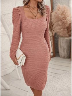LUNE Square Neck Puff Sleeve Sweater Dress