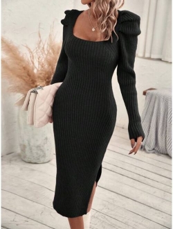 LUNE Square Neck Puff Sleeve Sweater Dress