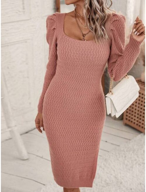 SHEIN LUNE Square Neck Puff Sleeve Sweater Dress