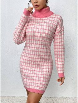 Essnce Plaid Pattern Turtleneck Drop Shoulder Sweater Dress