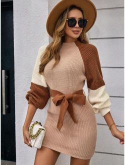 Clasi Color Block Raglan Sleeve Belted Sweater Dress