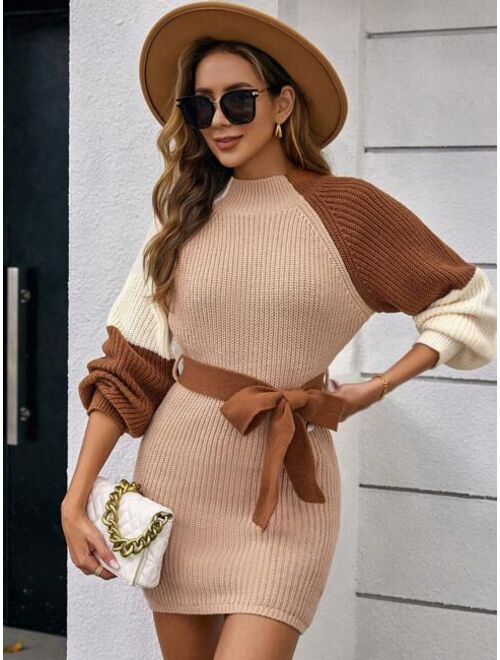 SHEIN Clasi Color Block Raglan Sleeve Belted Sweater Dress