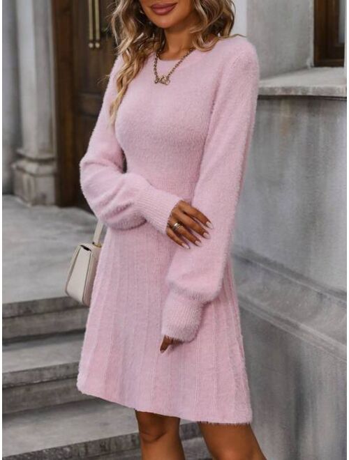 Solid Fluffy Knit Sweater Dress