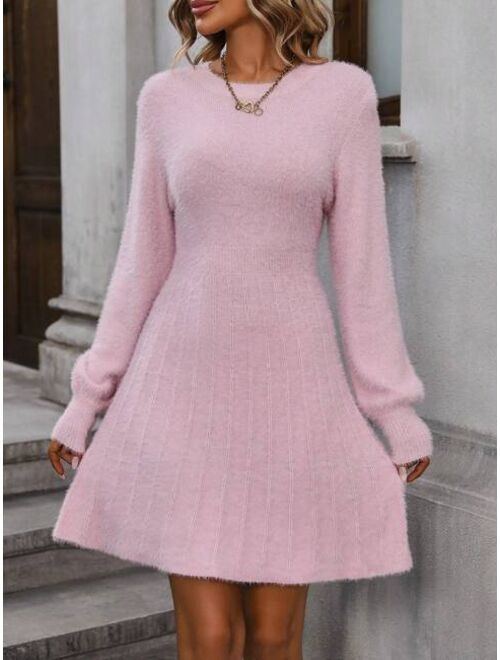 Solid Fluffy Knit Sweater Dress
