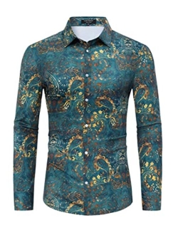 TURETRENDY Men's Paisley Floral Dress Shirt Long Sleeve Slim Fit Button Down Shirts for Prom Wedding Party