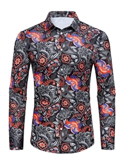 TURETRENDY Men's Paisley Floral Dress Shirt Long Sleeve Slim Fit Button Down Shirts for Prom Wedding Party