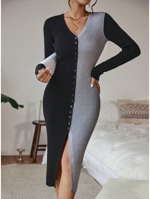 SHEIN Clasi Two Tone Button Front Bodycon Sweater Dress