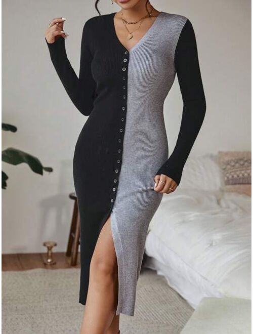 SHEIN Clasi Two Tone Button Front Bodycon Sweater Dress