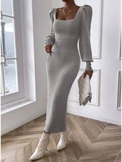 Essnce Square Neck Lantern Sleeve Ribbed Knit Bodycon Sweater Dress