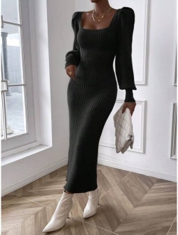 Essnce Square Neck Lantern Sleeve Ribbed Knit Bodycon Sweater Dress
