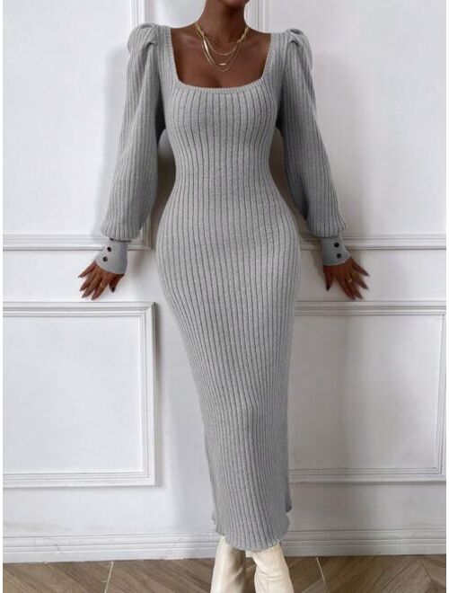 SHEIN Essnce Square Neck Lantern Sleeve Ribbed Knit Bodycon Sweater Dress