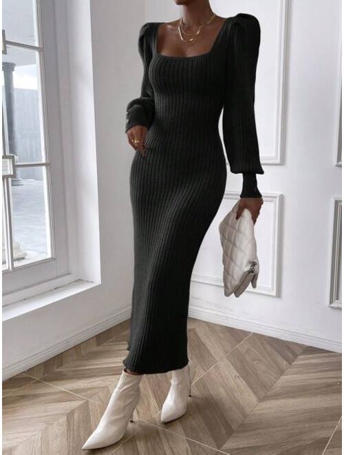 SHEIN Essnce Square Neck Lantern Sleeve Ribbed Knit Bodycon Sweater Dress