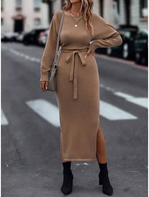 Batwing Sleeve Split Thigh Belted Sweater Dress