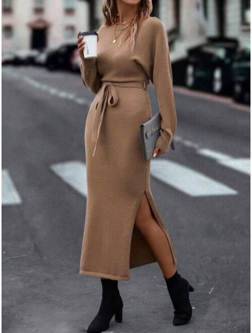 Batwing Sleeve Split Thigh Belted Sweater Dress