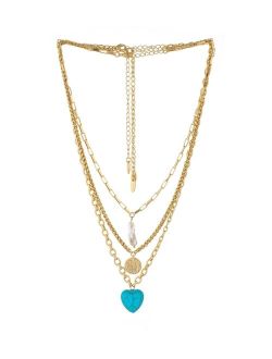 18K Gold Plated Chain Necklace Set with Turquoise Heart and Cultured Freshwater Pearl