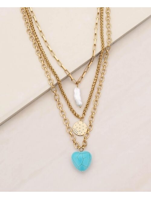 ETTIKA 18K Gold Plated Chain Necklace Set with Turquoise Heart and Cultured Freshwater Pearl