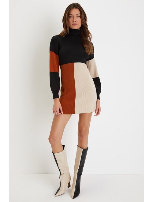 Lulus Mod For You Black Color Block Turtleneck Mini Sweater Dress