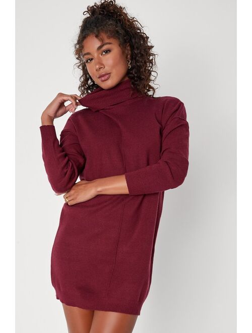 Lulus Toasty Perfection Burgundy Turtleneck Mini Sweater Dress