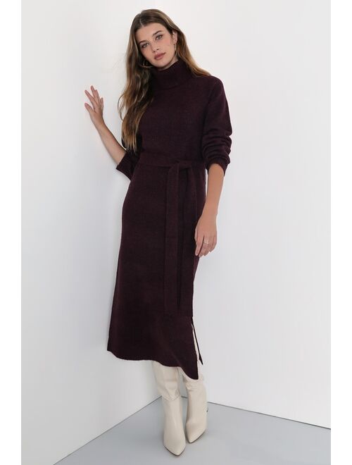 Lulus Wonderful Comfort Heather Plum Turtleneck Midi Sweater Dress