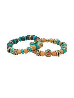 MR ETTIKA Turquoise, Wood and Brass Elastic Bracelet, Pack of 2