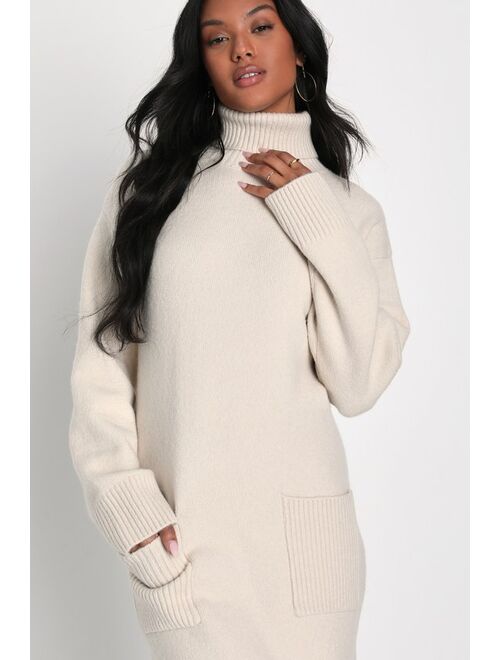 Lulus Cozy Dedication Cream Long Sleeve Turtleneck Midi Sweater Dress