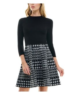 BCX Juniors' Houndstooth-Skirt Long-Sleeve Sweater Dress