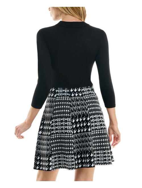 BCX Juniors' Houndstooth-Skirt Long-Sleeve Sweater Dress