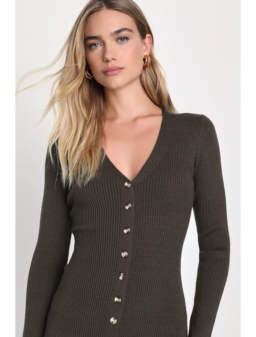 Lulus Adoring Cutie Olive Green Ribbed Long Sleeve Button-Front Dress