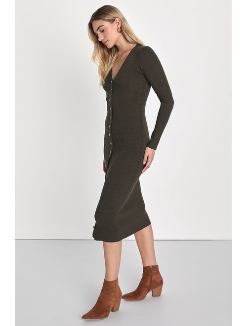 Lulus Adoring Cutie Olive Green Ribbed Long Sleeve Button-Front Dress