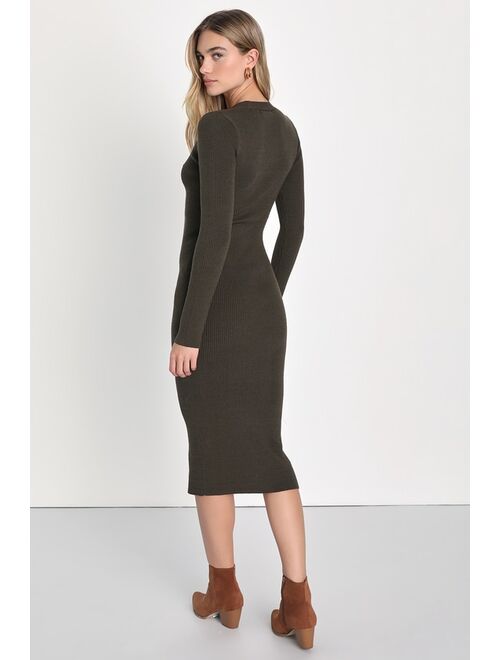 Lulus Adoring Cutie Olive Green Ribbed Long Sleeve Button-Front Dress