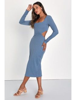 Effortless Appeal Blue Ribbed Knit Cutout Bodycon Midi Dress