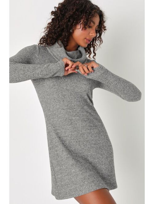 Lulus Sweet Forecast Heather Grey Cowl Neck Mini Sweater Dress