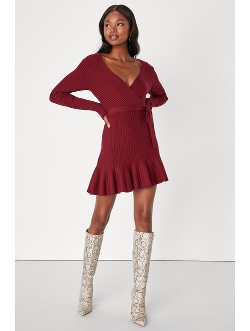 Lulus Warm Emotions Burgundy Skater Mini Sweater Dress