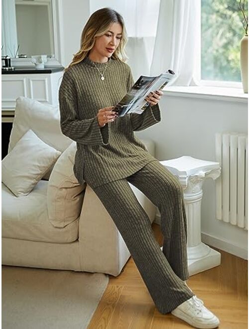 Kikibell Women's 2 Piece Outfits Oversized Slouchy Matching Lounge Sets Cozy Knit Loungewear Pjs Sweater Sets Sleepwear