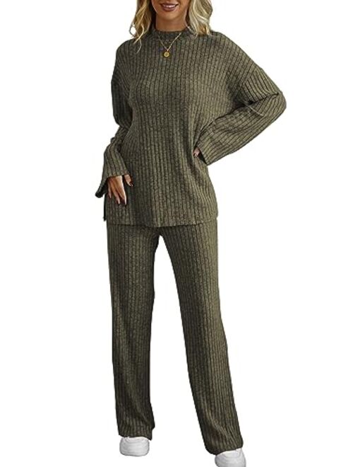 Kikibell Women's 2 Piece Outfits Oversized Slouchy Matching Lounge Sets Cozy Knit Loungewear Pjs Sweater Sets Sleepwear