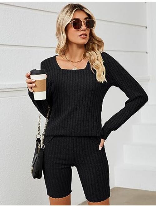 LUYAA Womens Pajama Sets Ribbed Knit Lounge Sets for Women 2 Piece Square Neck Long Sleeve Biker Shorts Outfits