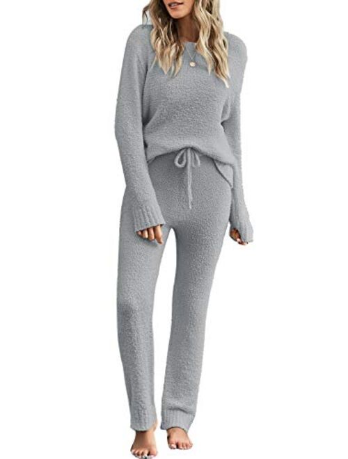 luvamia Women's Casual Pajama Set Fuzzy Fleece Knitted Long Sleeve Pj Loungewear