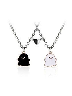 Caiyao 2Pcs Lovely Magnetic Love Heart Ghost Pendant Necklace Set for Women Men Best Friend Girl Boy Teen Enamel Mutual Attract Magnet Couple Matching Necklace Halloween 